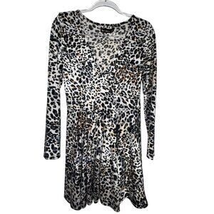 Leopard Print Long Sleeve Faux Wrap Dress Large Skater Eighties Sexy Wild Disco‎